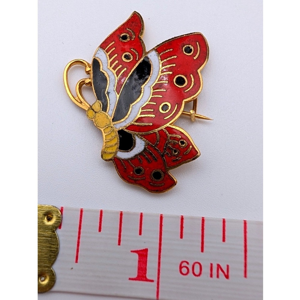 Vintage Red Enamel Butterfly Brooch Gold Tone Animal Pin Whimsical Jewelry